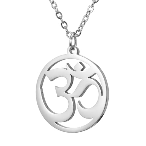 TEAMER OM Halskette Edelstahl Yoga Meditation spirituelle Harmonie Anhänger Aum Om Ohm Sanskrit Symbol Halskette Schmuck für Frauen Mädchen (OM-Silber) von TEAMER