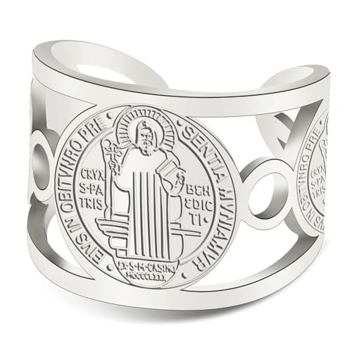 TEAMER Religiöser St. Benedikt Ring Ring aus Edelstahl St. Benedikt Ring katholisch christlich Glaube Böse Schutz Amulett Schmuck für Frauen (St. Benedikt Ring - Silber) von TEAMER