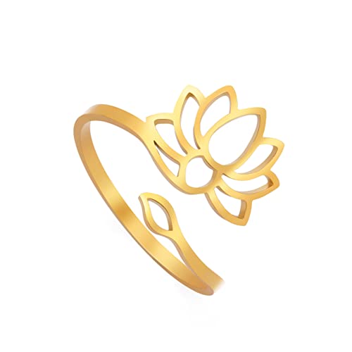 TEAMER Resizable Lotus Ring Edelstahl Semikolon Ring Yoga Meditation Om Symbol Ring Inspirierender Schmuck für Frauen Teenager Mädchen (Lotus 1-Gold) von TEAMER