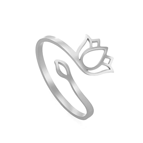 TEAMER Resizable Lotus Ring Edelstahl Semikolon Ring Yoga Meditation Om Symbol Ring Inspirierender Schmuck für Frauen Teenager Mädchen (Lotus 2-Silber) von TEAMER