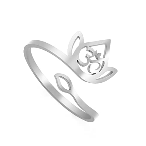 TEAMER Resizable Lotus Ring Edelstahl Semikolon Ring Yoga Meditation Om Symbol Ring Inspirierender Schmuck für Frauen Teenager Mädchen (Lotus und OM-Symbol-Silber) von TEAMER