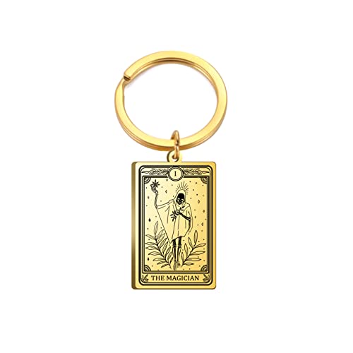 TEAMER Skelett Tarot Karten Schlüsselanhänger Edelstahl Amulett Ringelblume Tarot Karte Major Arcana Schlüsselanhänger für Schlüssel Autos Taschen, Gold, der Magier von TEAMER