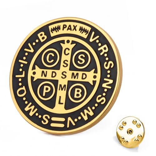TEAMER St. Benedikt Brosche Edelstahl St. Benedikt Pin Jesus Kreuz Religiöses Katholisches Amulett der Stärke Glaube Schutz Frieden Gebet Schmuck Für Frauen Männer (Gold) von TEAMER