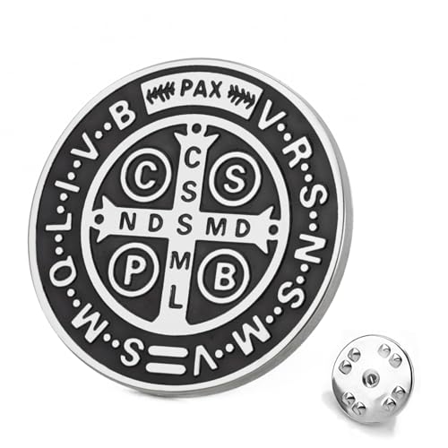 TEAMER St. Benedikt Brosche Edelstahl St. Benedikt Pin Jesus Kreuz Religiöses Katholisches Amulett der Stärke Glaube Schutz Frieden Gebet Schmuck Für Frauen Männer (Silber) von TEAMER