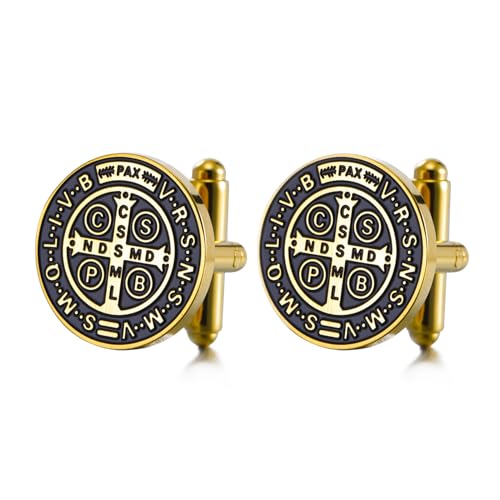 TEAMER St. Benedikt Manschettenknöpfe Edelstahl St. Benedikt Manschettenknöpfe Jesus Kreuz Religiöses Katholisches Amulett der Stärke Glaube Schutz Frieden Gebet Schmuck Für Frauen Männer (Gold) von TEAMER