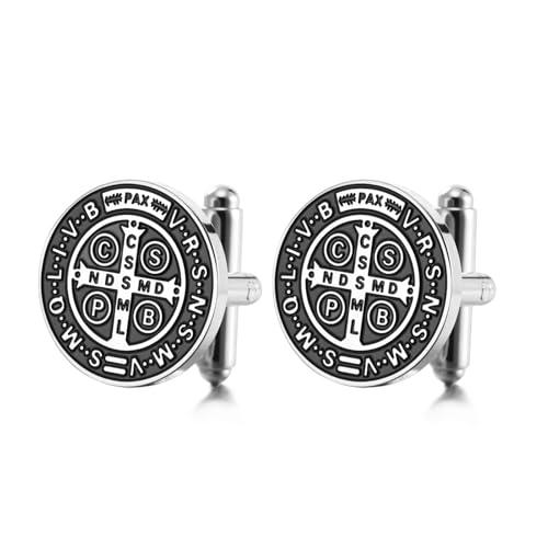 TEAMER St. Benedikt Manschettenknöpfe Edelstahl St. Benedikt Manschettenknöpfe Jesus Kreuz Religiöses Katholisches Amulett der Stärke Glaube Schutz Frieden Gebet Schmuck Für Frauen Männer (Silber) von TEAMER