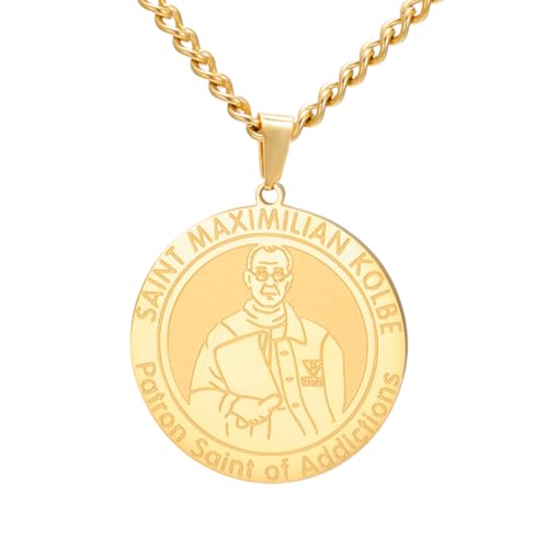 TEAMER St. Maximilian Kolbe Halskette Schutzpatron der Süchtigen Anhänger Edelstahl Katholischer Glaube Inspirierter Amulett Schmuck für Männer Frauen (Gold) von TEAMER