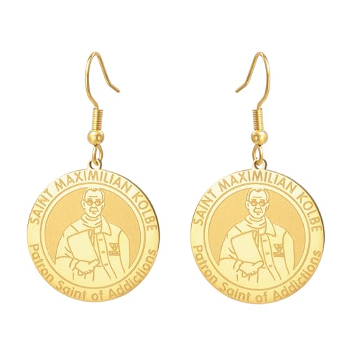 TEAMER St. Maximilian Kolbe Ohrring Schutzpatron der Süchte Anhänger Edelstahl Katholischer Glaube Inspirierter Amulettschmuck für Männer und Frauen (Gold) von TEAMER