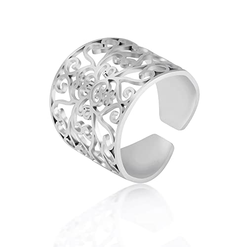 TEAMER Vintage Süßer hohler Blumenring Retro Mode Damen Blume Filigran Index Finger Ring Minimalistischer stapelbarer Ring Modeschmuck (Stil 1 - Silber) von TEAMER