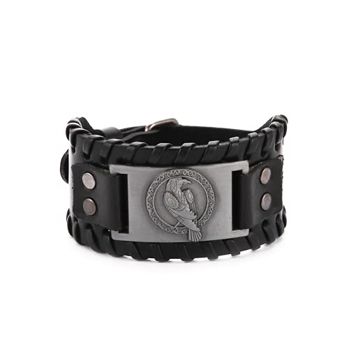 TEAMER Wikinger Odins Rabe Lederarmband für Männer Schwarz Braun Wickelgürtel Krähenarmbänder Nordischer Keltischer Pagan Amulett Schmuck (Stil 1 Antikes silber) von TEAMER