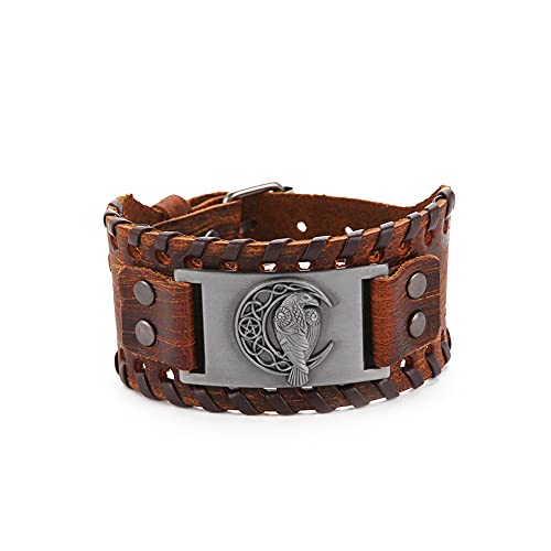 TEAMER Wikinger Odins Rabe Lederarmband für Männer Schwarz Braun Wickelgürtel Krähenarmbänder Nordischer Keltischer Pagan Amulett Schmuck (Stil 2 Antik silber) von TEAMER