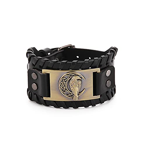 TEAMER Wikinger Odins Rabe Lederarmband für Männer Schwarz Braun Wickelgürtel Krähenarmbänder Nordischer Keltischer Pagan Amulett Schmuck (Stil 2 Antike Bronze) von TEAMER