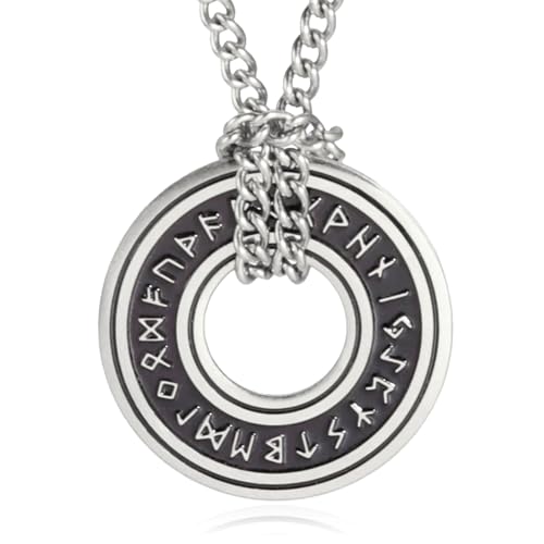 TEAMER Wikinger Runen Halskette Edelstahl Norse Runen Talisman Anhänger Wikinger Elder Futhark Ring Kreis Halskette Amulett Schmuck für Männer Frauen (Stil 2 - Silber) von TEAMER