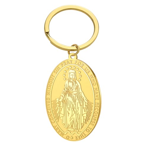 TEAMER Wundertätiger Jungfrau-Maria-Medaillen-Schlüsselanhänger Edelstahl-Mutter-Maria-Medaillon-Anhänger Religiöser Glaubens-Talisman-Schmuck für Damen und Herren (Gold) von TEAMER