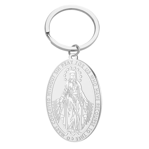 TEAMER Wundertätiger Jungfrau-Maria-Medaillen-Schlüsselanhänger Edelstahl-Mutter-Maria-Medaillon-Anhänger Religiöser Glaubens-Talisman-Schmuck für Damen und Herren (Silber) von TEAMER