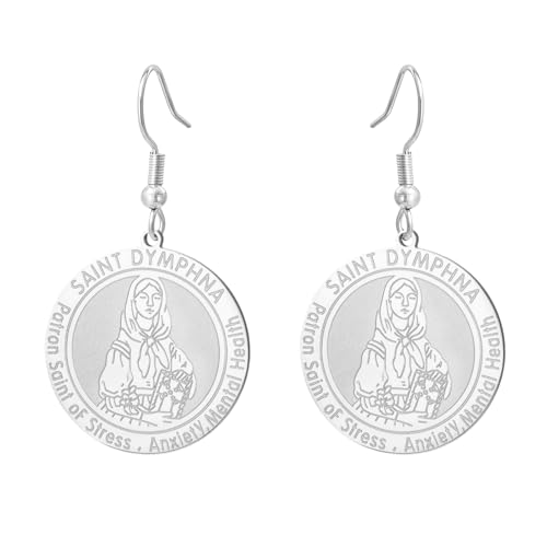 TEAMER Zarter St. Dymphna-Medaillen-Ohrring Schutzpatronin gegen Stress Angstzustände und psychische Probleme Anhänger Edelstahl-Schmuck mit religiösem Motiv Schutzamulett (Silber) von TEAMER