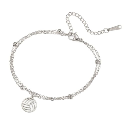 TEAMER Zierlicher Volleyball Anhänger Armband Resizable Doppelkette Armband Modischer Sport Ballschmuck Sportler Trainer Volleyball Liebhaber (Silber) von TEAMER