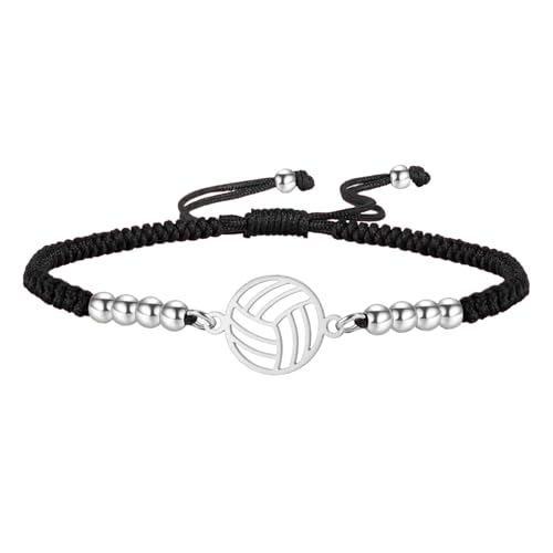 TEAMER Zierliches Volleyball-Armband Volleyball-Perlenkette aus Edelstahl mit Wachsseil Modischer Sportball-Schmuck für Volleyball-Fans und -Trainer (Silber) von TEAMER