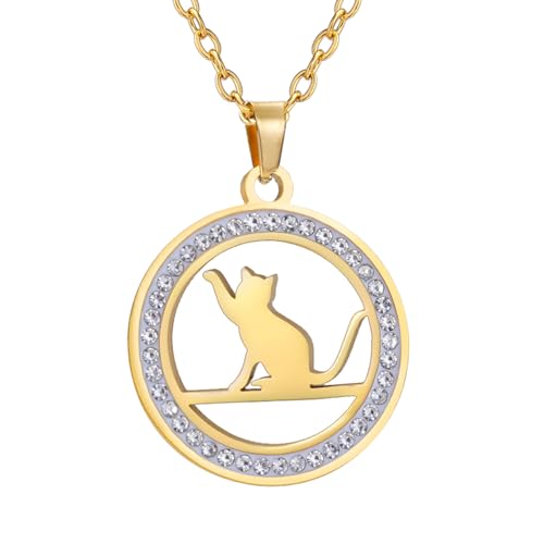 TEAMER Zirkon-Halskette mit rundem Kätzchen und Katzenanhänger Süßer Katzenanhänger Exquisiter Katzen-Gedenkschmuck für Frauen und Männer (Gold) von TEAMER
