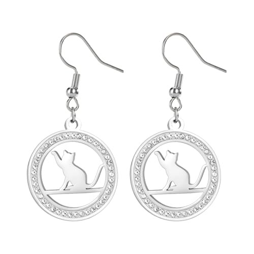 TEAMER Zirkon Runde Kätzchen Katze Ohrring Niedliche Katze Anhänger Exquisite Katze Gedenkschmuck Für Frauen Männer (Silber) von TEAMER