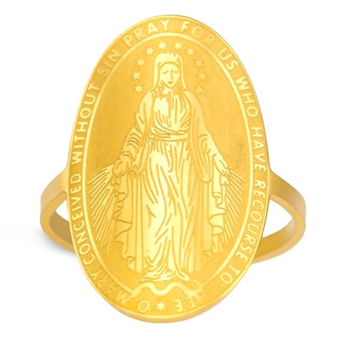 TEAMMER Wundertätige Jungfrau Maria-Medaillen-Ring Größenverstellbarer Maria-Medaillon-Ring aus Edelstahl Religiöser Glaube-Schutzschmuck für Frauen und Männer (Gold) von TEAMER