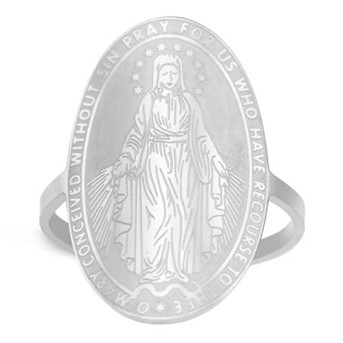 TEAMMER Wundertätige Jungfrau Maria-Medaillen-Ring Größenverstellbarer Maria-Medaillon-Ring aus Edelstahl Religiöser Glaube-Schutzschmuck für Frauen und Männer (Silber) von TEAMER