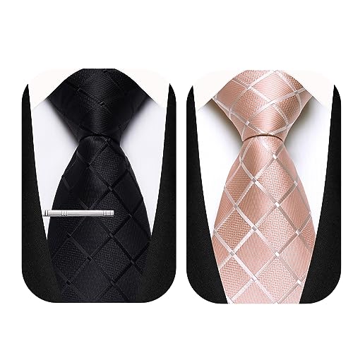 TEAMMAO Krawatten für Herren 2 Stck Business Plaid Krawatte Schwarz Krawatte Champagner 8CM Tie Krawattenklammer und Geschenkbox für Hochzeit,Festliche Veranstaltungen.(GA-Schwarz+Champagner) von TEAMMAO