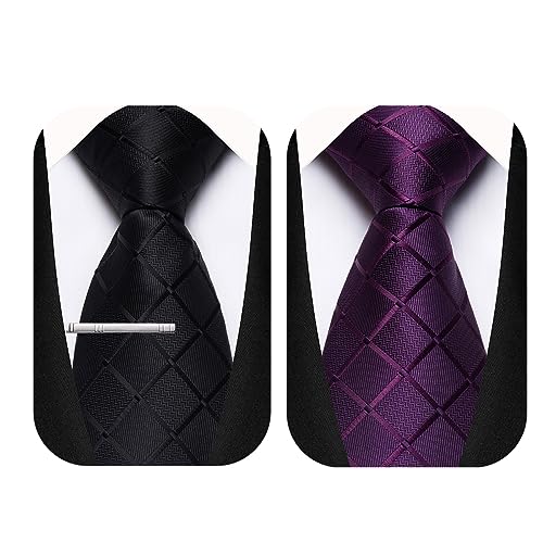 TEAMMAO Krawatten für Herren 2 Stck Business Plaid Krawatte Schwarz Krawatte Lila 8CM Tie Krawattenklammer und Geschenkbox für Hochzeit,Büro oder Festliche Veranstaltungen.(GA-Schwarz+Lila) von TEAMMAO