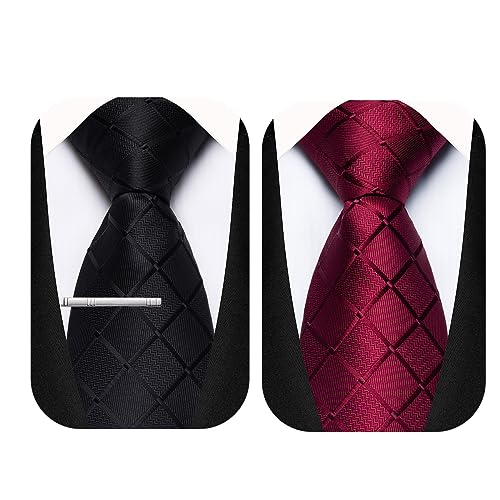 TEAMMAO Krawatten für Herren 2 Stck Business Plaid Krawatte Schwarz Krawatte Weinrot 8CM Tie Krawattenklammer und Geschenkbox für Hochzeit,Büro oder Festliche Veranstaltungen.(GA-Schwarz+Weinrot) von TEAMMAO