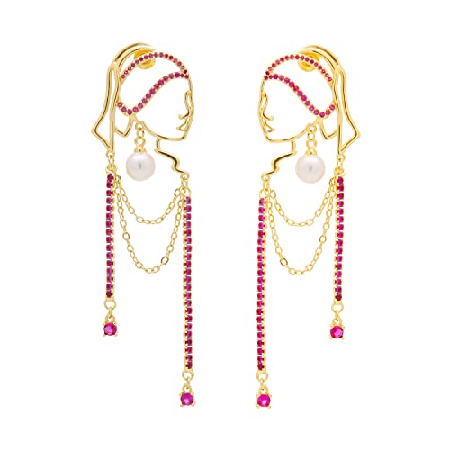 Einzigartiges abstraktes Gesicht Art baumelnde Ohrringe für Frauen Mädchen Umriss Strass Tassel Dény Hollow aus Ohrringe Schmuck Mode baumelt lange Aussage leichte Ohrringe... (Golden Red Diamond) von TEBIHOYO