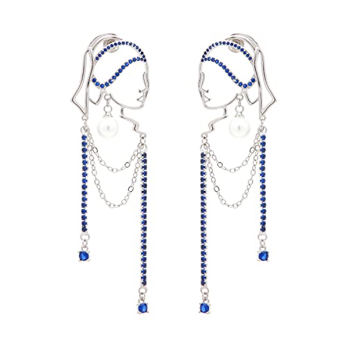 Einzigartiges abstraktes Gesicht Art baumelnde Ohrringe für Frauen Mädchen Umriss Strass Tassel Dény Hollow aus Ohrringe Schmuck Mode baumelt lange Aussage leichte Ohrringe... (Silver Blue Diamond) von TEBIHOYO