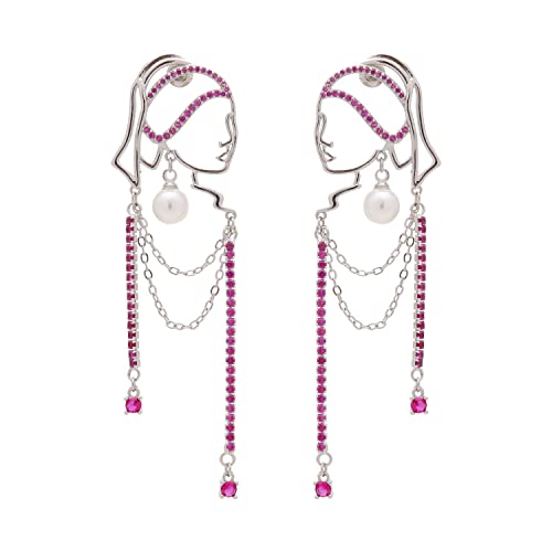 Einzigartiges abstraktes Gesicht Art baumelnde Ohrringe für Frauen Mädchen Umriss Strass Tassel Dény Hollow aus Ohrringe Schmuck Mode baumelt lange Aussage leichte Ohrringe... (Silver Red Diamond) von TEBIHOYO