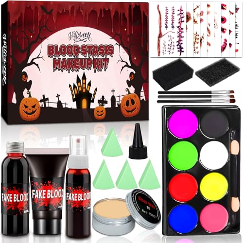 TEBOKHAD Kunstblut Halloween, Halloween Schminke Für Erwachsene Kinder, 50ml Altes Blut, 30ml Fake Blood, 30ml Blut Spray, Körperfarbe, Realistisch Wunden Narbe Halloween Make up Set Für Zombie Vampir von TEBOKHAD
