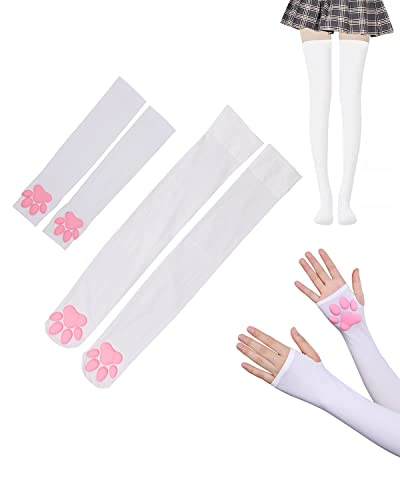 Damen Katzenklaue Oberschenkelhohe Socken mit 1 Paar Katze Paw Pad Handschuhe,3D-Kätzchenpfotenpolster Lange Socken,Süße Katze Paw Pad Strümpfe Für Party Kawaii Cosplay,Tägliche Kleidung (Weiße) von TECDW