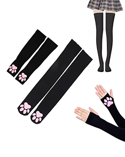 Damen Katzenklaue Oberschenkelhohe Socken mit 1 Paar Katze Paw Pad Handschuhe,3D-Kätzchenpfotenpolster Lange Socken,Süße Katze Paw Pad Strümpfe Für Party Kawaii Cosplay,Tägliche Kleidung (Schwarze) von TECDW