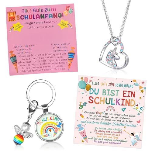 TECHEEL Einhorn Kette für Einschulung Mädchen Geschenk,Schultüte Füllung Mädchen Einhorn Halskette mit Glücksbringer Karte zur Schutzengel Schlüsselanhänger Erster Schultag Geschenkbox von TECHEEL