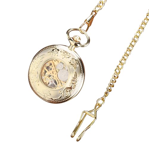 TECKEEN Retro Hand Wind Mechanische Taschenuhr mit Fob Kette Männer Frauen Hohl Blütenblatt Zifferblatt Schwarz Stahl Mode Quarz Tasche Geschenk, gold von TECKEEN