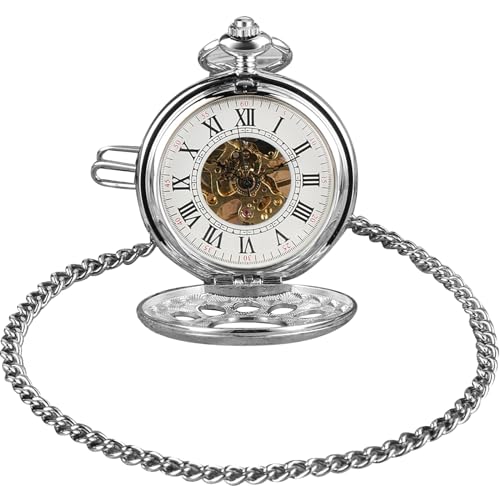 TECKEEN Retro Hand Wind Mechanische Taschenuhr mit Fob Kette Männer Frauen Hohl Blütenblatt Zifferblatt Schwarz Stahl Mode Quarz Tasche Geschenk, silber von TECKEEN