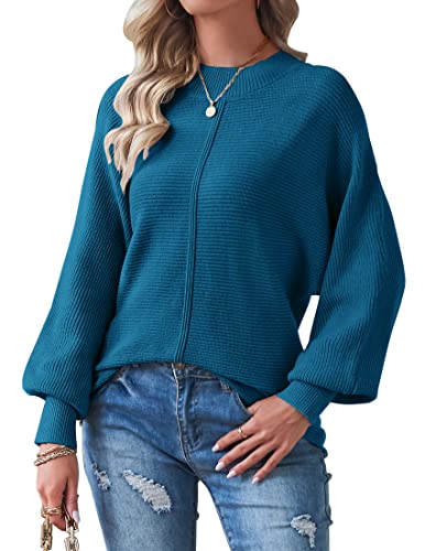 TECREW Damen Fledermaus Langarm Rundhals Pullover Sweater Weich Rippstrick Sweater Top, blaugrün, Mittel von TECREW