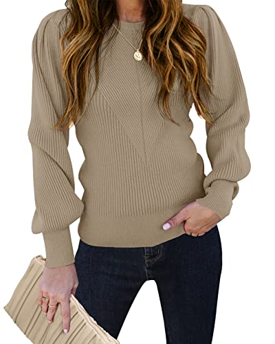 TECREW Damen Pullover mit Puffärmeln und Rundhalsausschnitt, lässig, gemütlich, gestrickt, Slim Jumper Tops, Khaki, Klein von TECREW