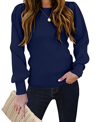 TECREW Damen Puffärmel Rundhals Pullover Pullover Casual Gemütlich Strick Slim Jumper Tops, Marineblau, Klein von TECREW