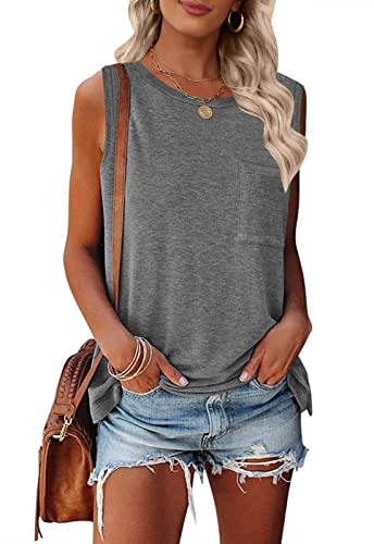 TECREW Damen Sommer Ärmellos Rundhals Tank Tops Casual Basic T Shirts Bluse, Dunkelgrau, Groß von TECREW