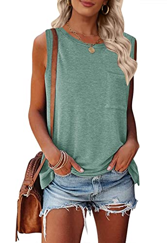 TECREW Damen Sommer Ärmellos Rundhals Tank Tops Casual Basic T Shirts Bluse, Grün , Groß von TECREW