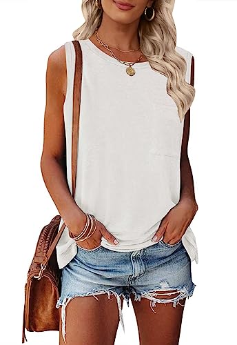 TECREW Damen Sommer Ärmellos Rundhals Tank Tops Casual Basic T Shirts Bluse, Weiß, Groß von TECREW