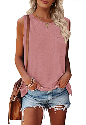 TECREW Damen Sommer Ärmellos Rundhals Tank Tops Casual Basic T Shirts Bluse, rose, Groß von TECREW