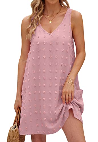 TECREW Damen Sommer Ärmellos V-Ausschnitt Tank Kleid Swiss Dot Strand Cover Up Minikleid mit Taschen, Pink, Klein von TECREW