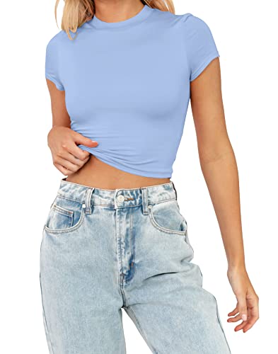 TECREW Damen Sommer Kurzarm Cute Crop Tops Casual Basic Rundhals Slim Fit T-Shirts, Blau, Klein von TECREW