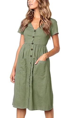 Damen Kleid Sommer Kurzarm V-Ausschnitt Tasten Dekoration Midi Kleider Elegant A-Linie Freizeitkleider mit Taschen Size L = EU 38-40 von TEDD