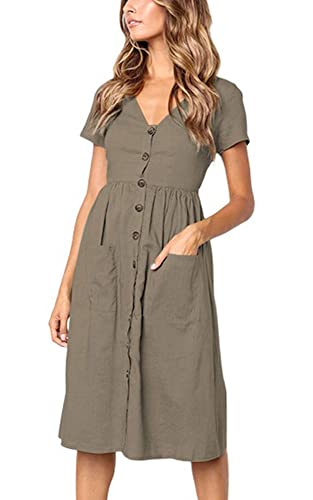 Damen Kleid Sommer Kurzarm V-Ausschnitt Tasten Dekoration Midi Kleider Elegant A-Linie Freizeitkleider mit Taschen Size L = EU 38-40 von TEDD