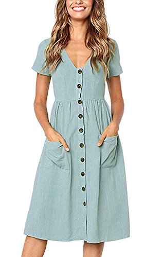 Damen Kleid Sommer Kurzarm V-Ausschnitt Tasten Dekoration Midi Kleider Elegant A-Linie Freizeitkleider mit Taschen Size L = EU 38-40 von TEDD